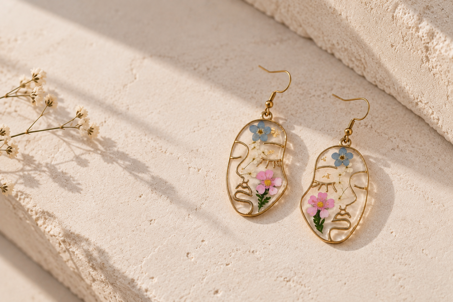 Pressed-flower earrings on pale stone