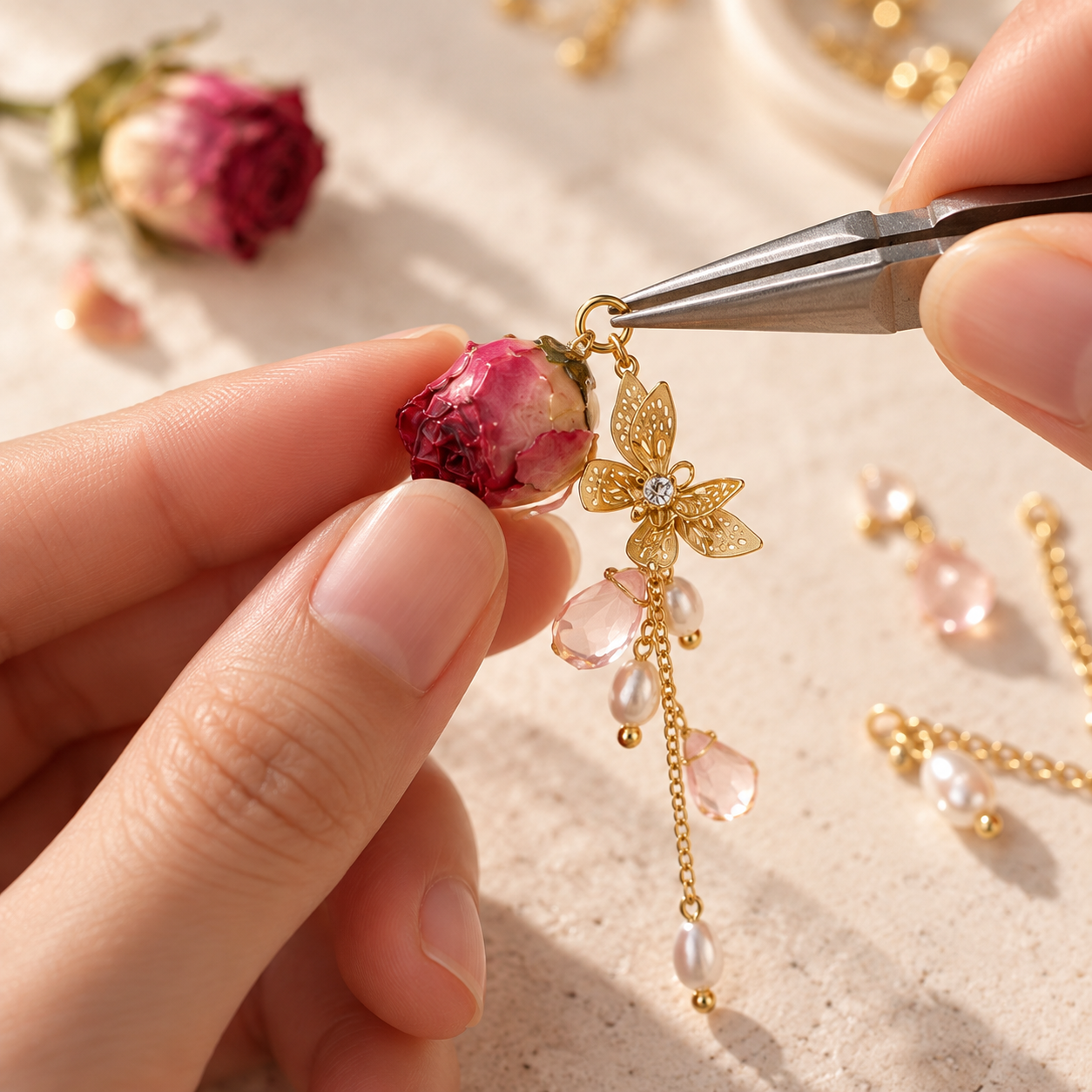NatureLuxe botanical jewelry being crafted by hand