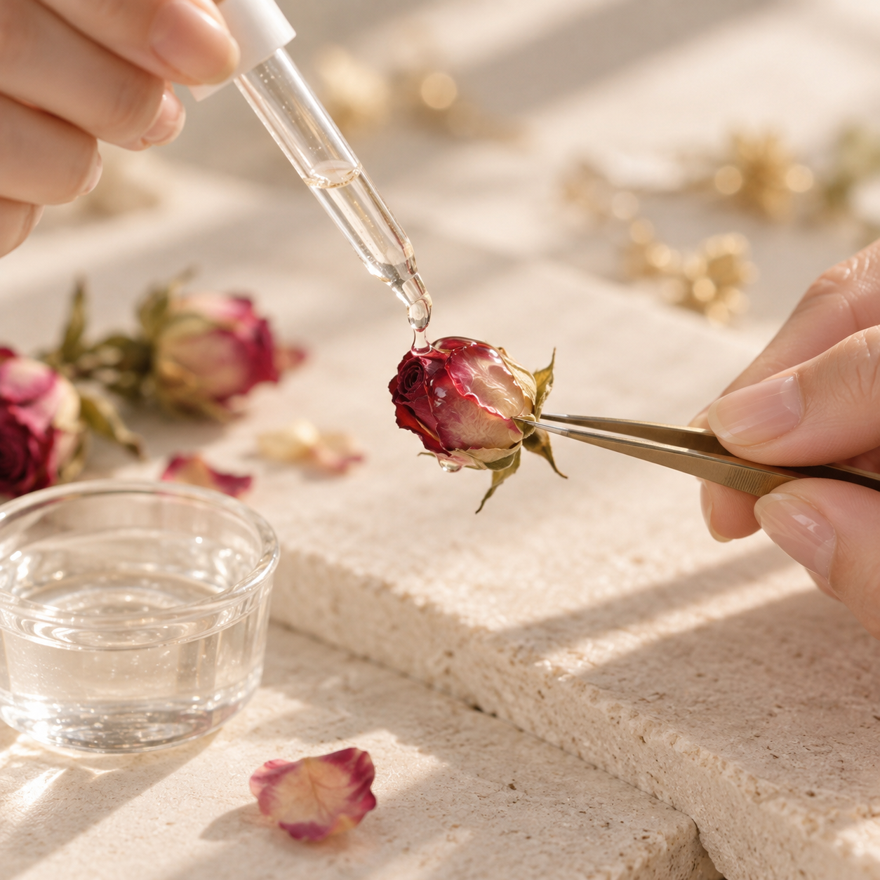 A botanical being preserved in clear resin
