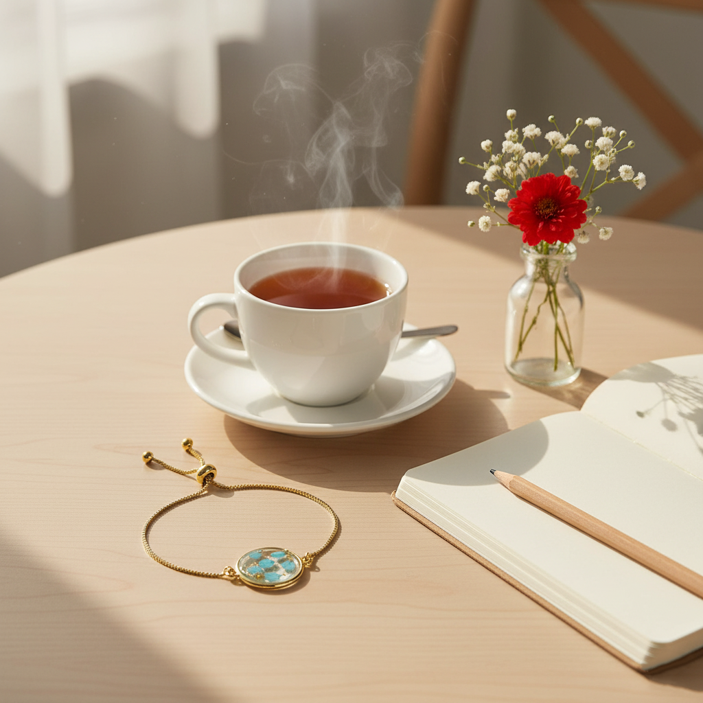 gold adjustable bracelet with blue pressed flower charm gold adjustable bracelet with blue pressed flower charm