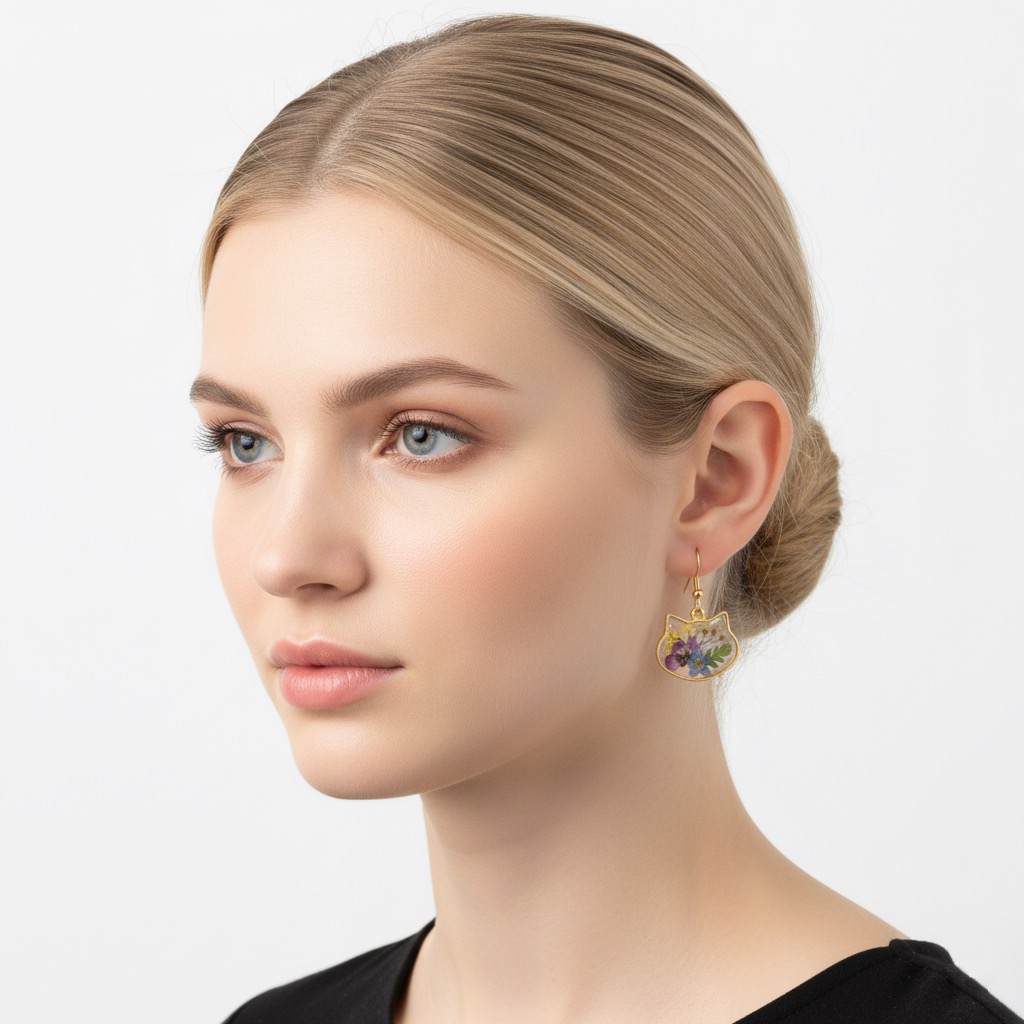 cat shaped resin earrings with pressed daisy flowers cat shaped resin earrings with pressed daisy flowers