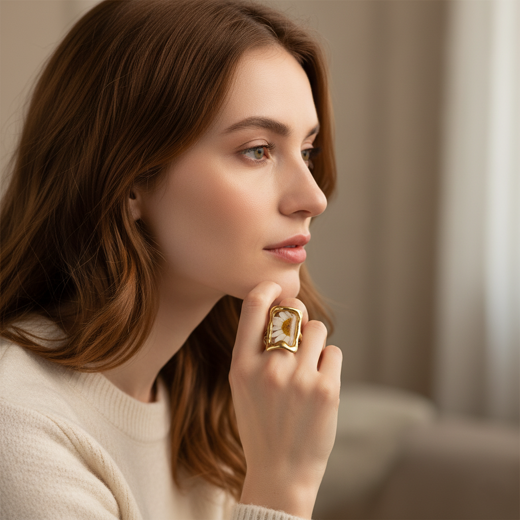 handcrafted gold ring with preserved daisy flower in resin handcrafted gold ring with preserved daisy flower in resin