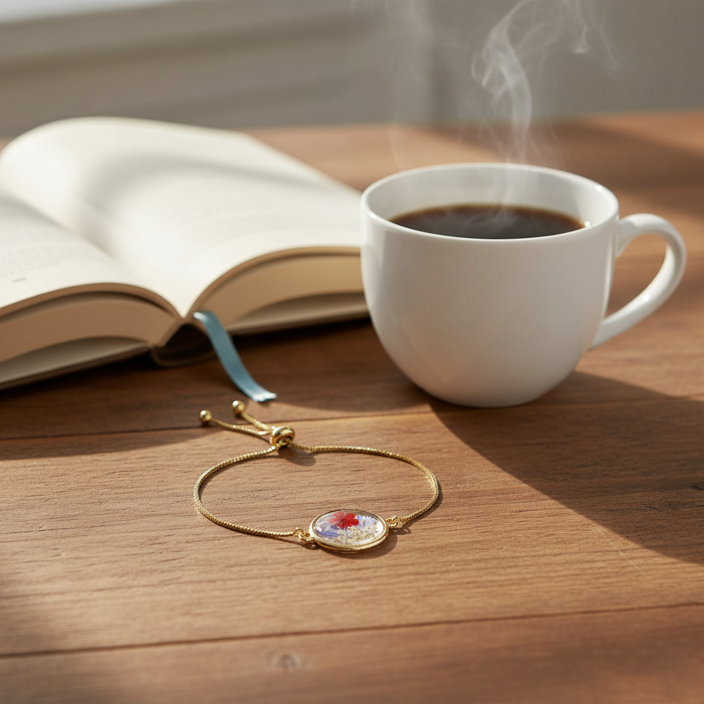 gold adjustable bracelet with colorful pressed flower charm gold adjustable bracelet with colorful pressed flower charm