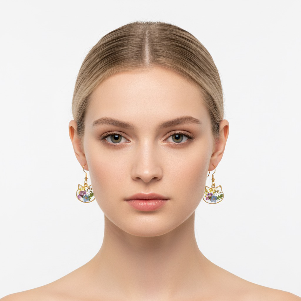 cat shaped resin earrings with pressed daisy flowers cat shaped resin earrings with pressed daisy flowers