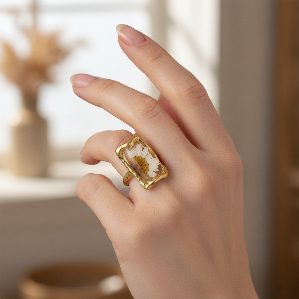 handcrafted gold ring with preserved daisy flower in resin handcrafted gold ring with preserved daisy flower in resin