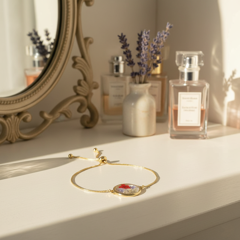 gold adjustable bracelet with colorful pressed flower charm gold adjustable bracelet with colorful pressed flower charm