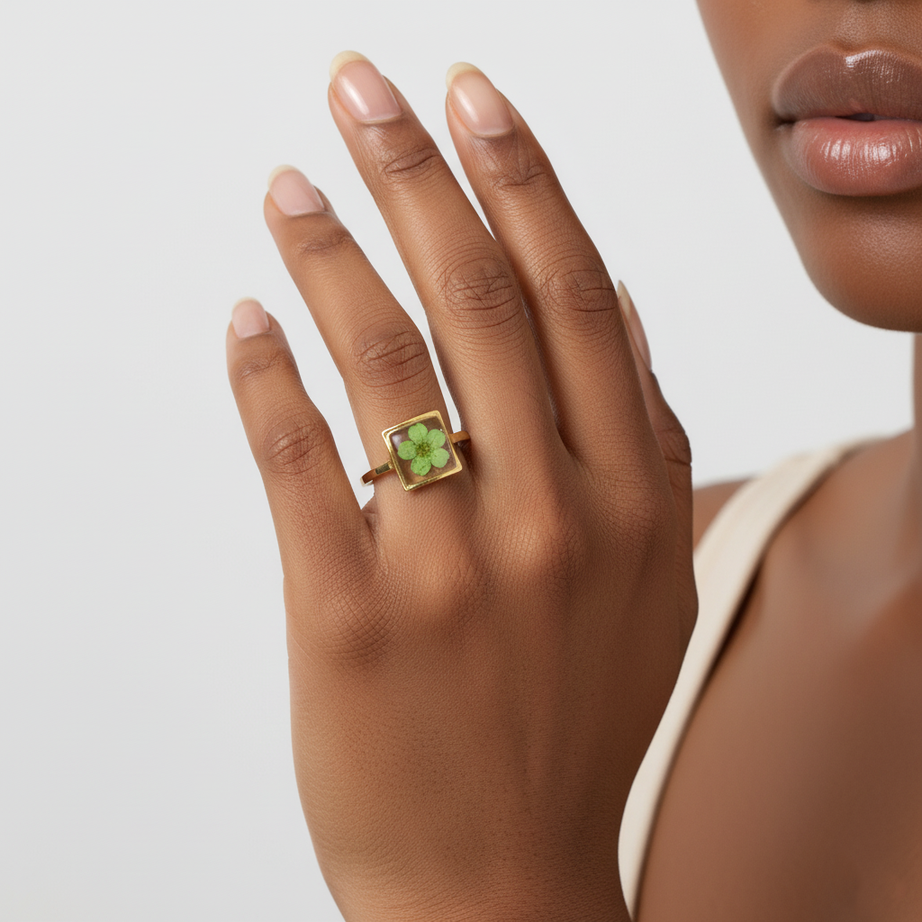 handcrafted gold ring with preserved flowers in resin handcrafted gold ring with preserved flowers in resin