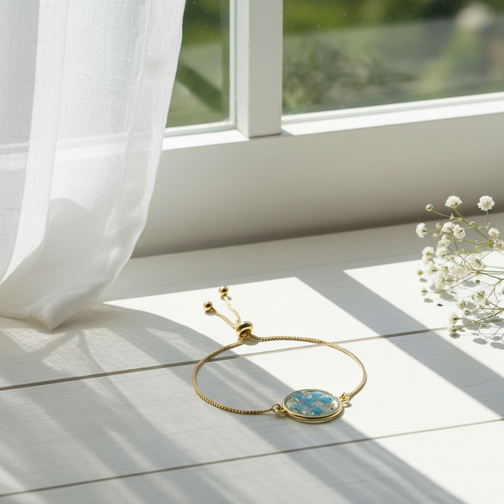 gold adjustable bracelet with blue pressed flower charm gold adjustable bracelet with blue pressed flower charm