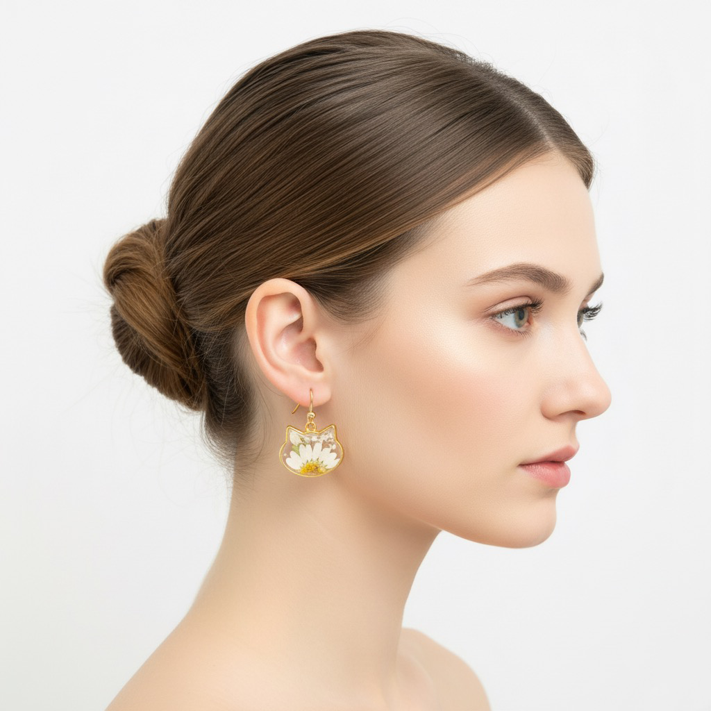 cat shaped resin earrings with pressed daisy flowers cat shaped resin earrings with pressed daisy flowers