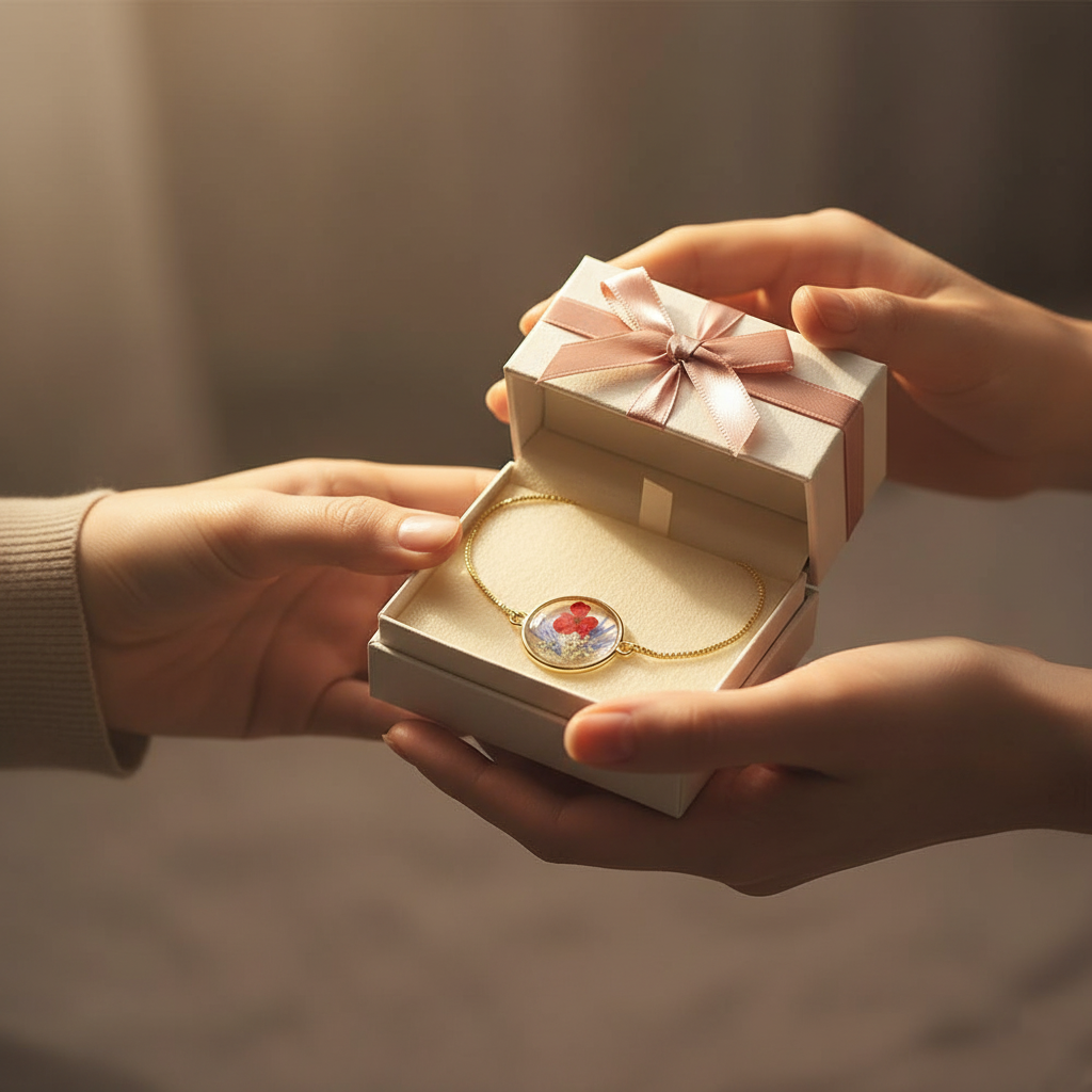 gold adjustable bracelet with colorful pressed flower charm gold adjustable bracelet with colorful pressed flower charm