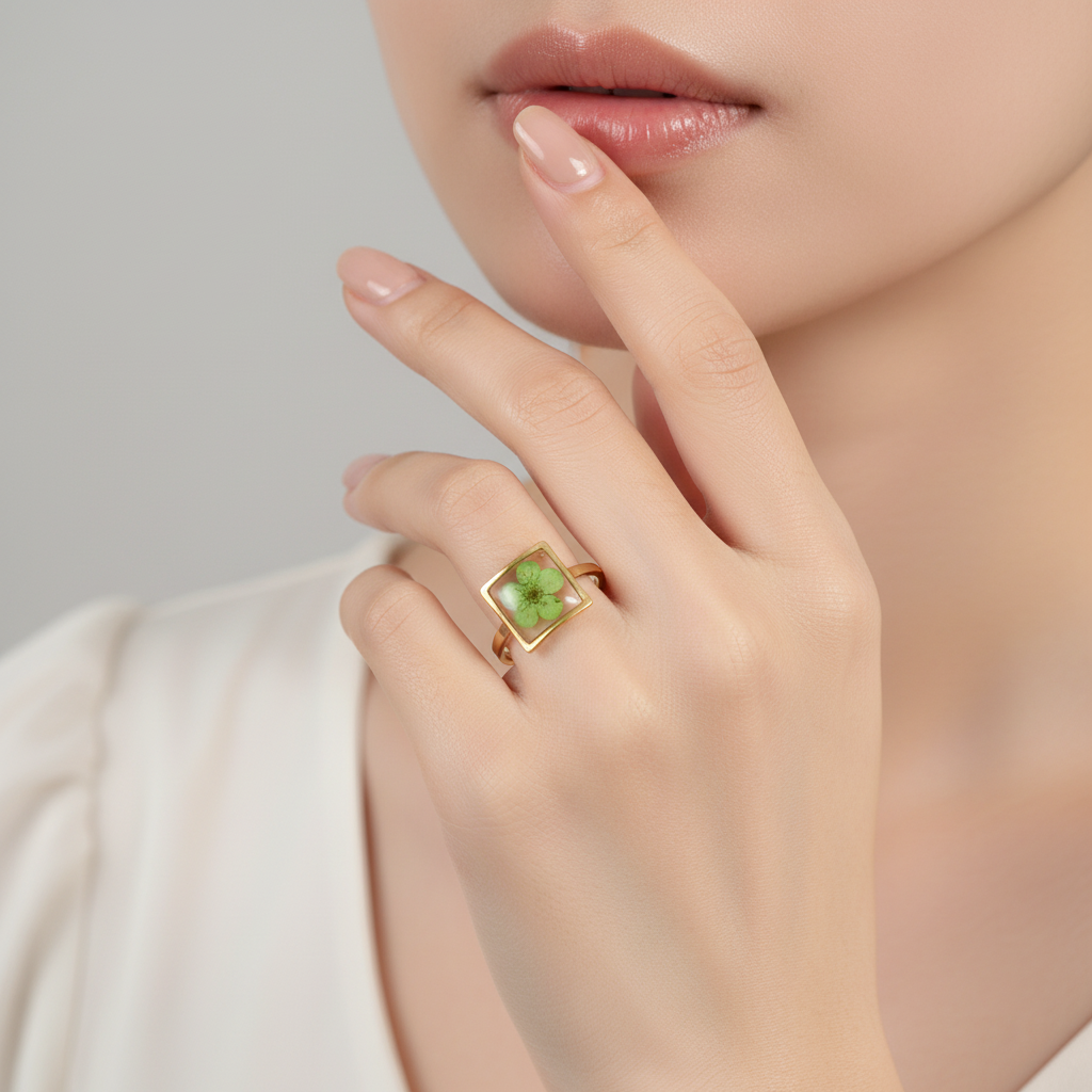 handcrafted gold ring with preserved flowers in resin handcrafted gold ring with preserved flowers in resin