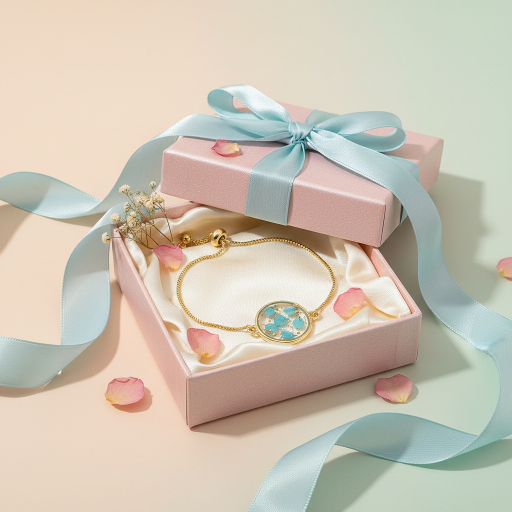 gold adjustable bracelet with blue pressed flower charm gold adjustable bracelet with blue pressed flower charm