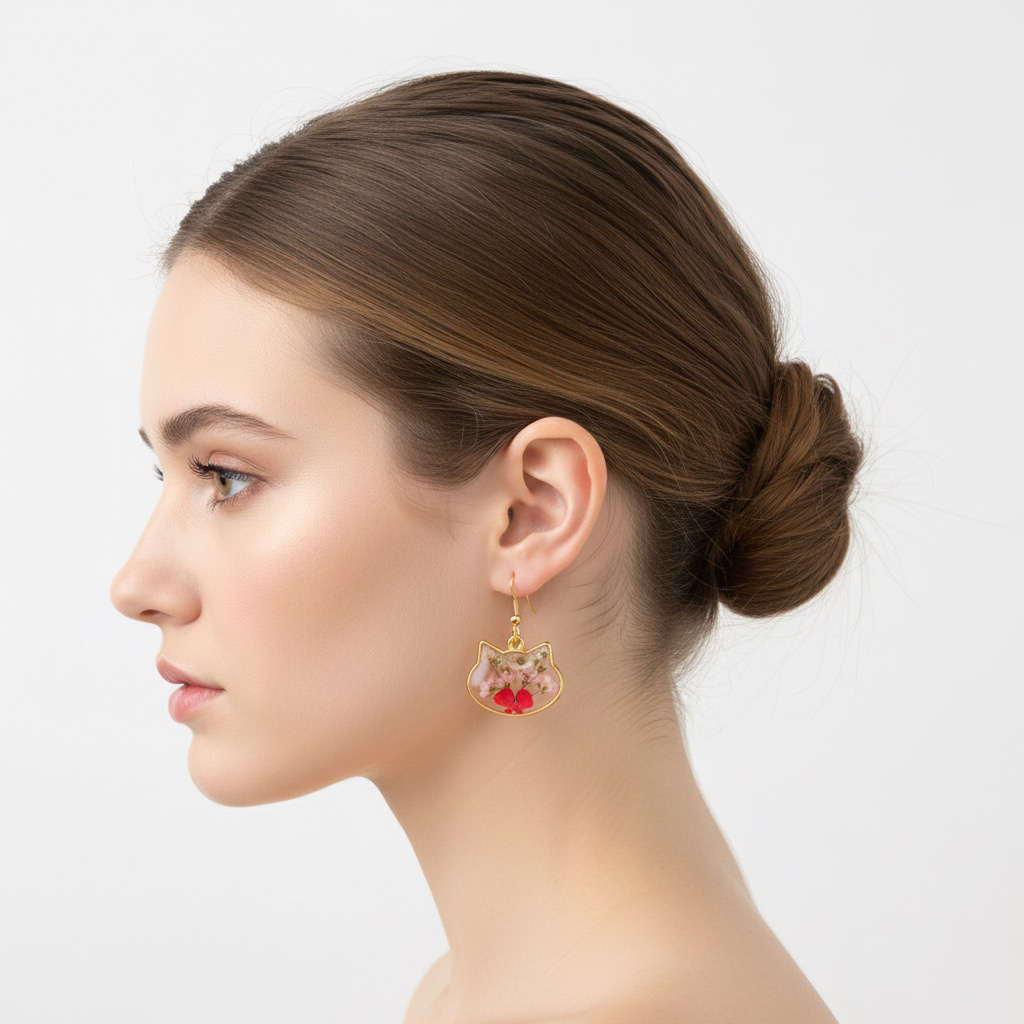 cat shaped resin earrings with pressed daisy flowers cat shaped resin earrings with pressed daisy flowers