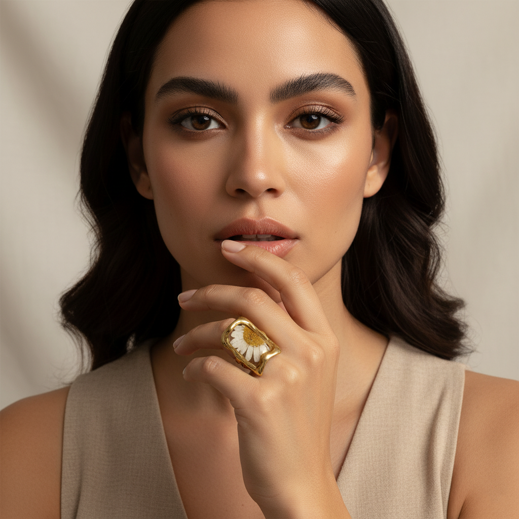 handcrafted gold ring with preserved daisy flower in resin handcrafted gold ring with preserved daisy flower in resin