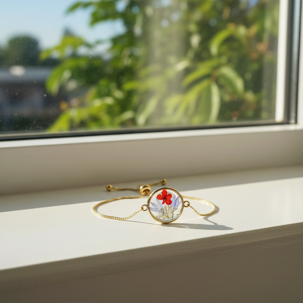 gold adjustable bracelet with colorful pressed flower charm gold adjustable bracelet with colorful pressed flower charm
