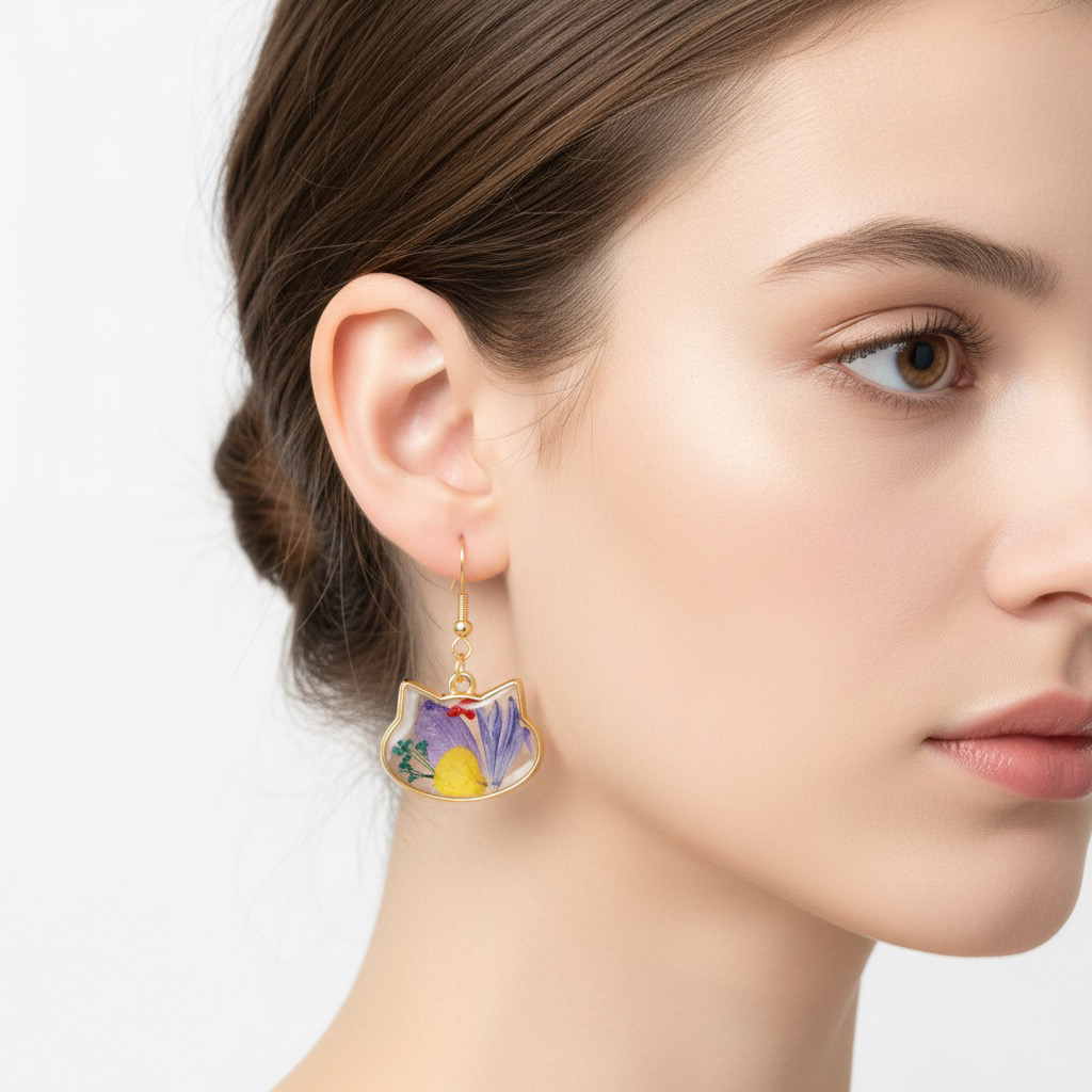 cat shaped resin earrings with pressed daisy flowers cat shaped resin earrings with pressed daisy flowers