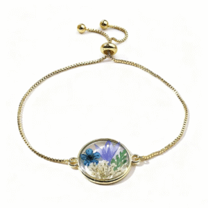 gold adjustable bracelet with pressed blue, purple & white flowers – round glass charm jewelry
