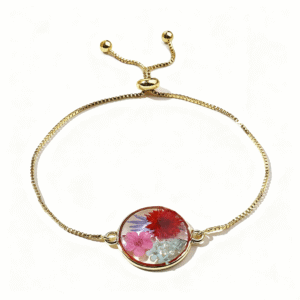 gold adjustable bracelet with multicolor pressed flower charm