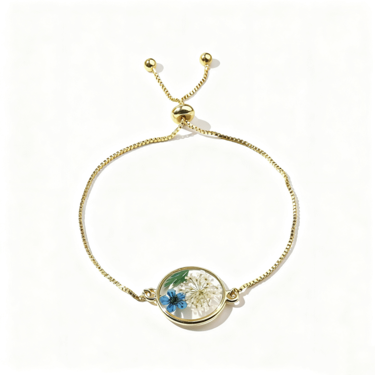 gold adjustable bracelet with pressed flower charm