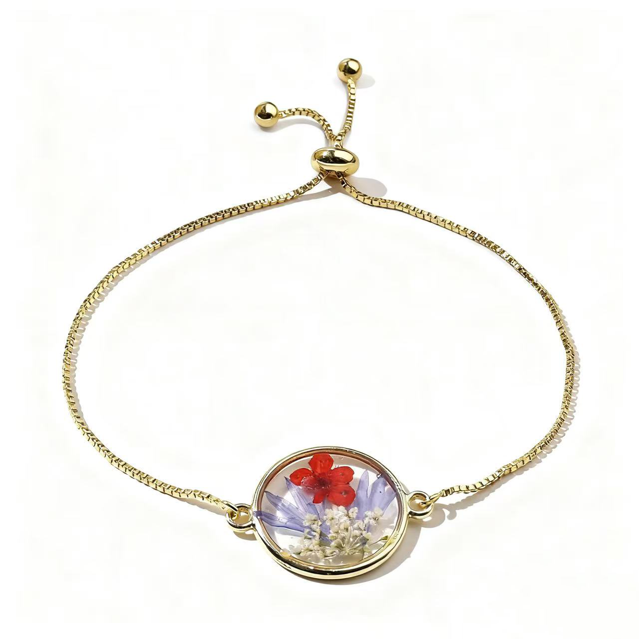 gold adjustable bracelet with colorful pressed flower charm gold adjustable bracelet with colorful pressed flower charm