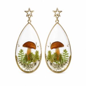 Mushroom fern teardrop earrings on white background