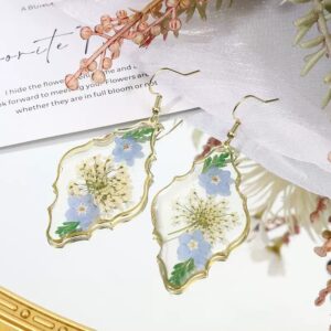 Forget-me-not real flower resin drop earrings with gold-tone frame