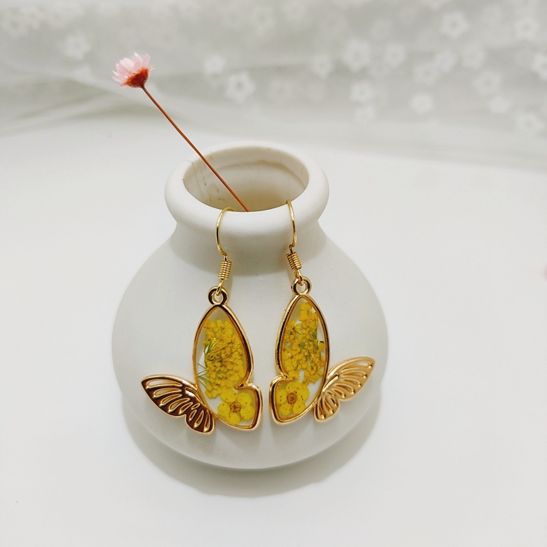 Yellow pressed flower butterfly drop earrings