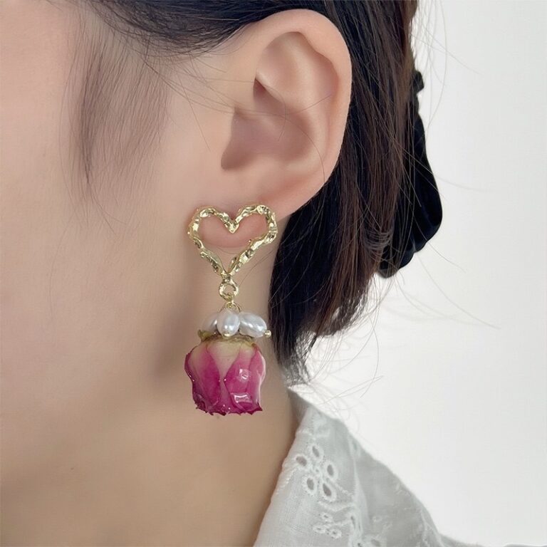 French vintage pearl preserved rose heart drop earrings worn on ear