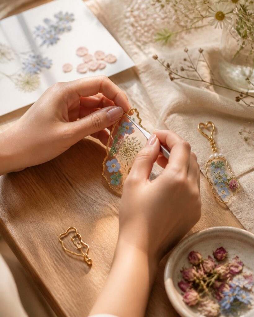 NatureLuxe artisan arranging real pressed flowers in botanical resin earrings