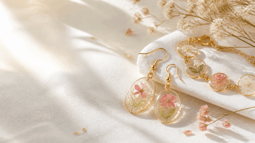 Handmade pressed flower resin jewelry on soft linen