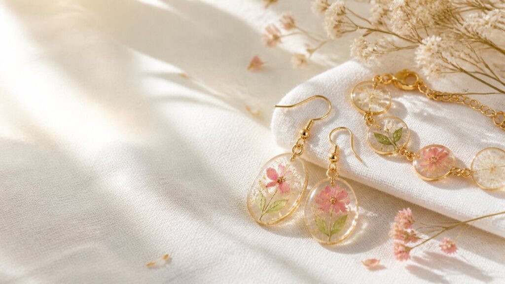 Handmade pressed flower resin jewelry on soft linen
