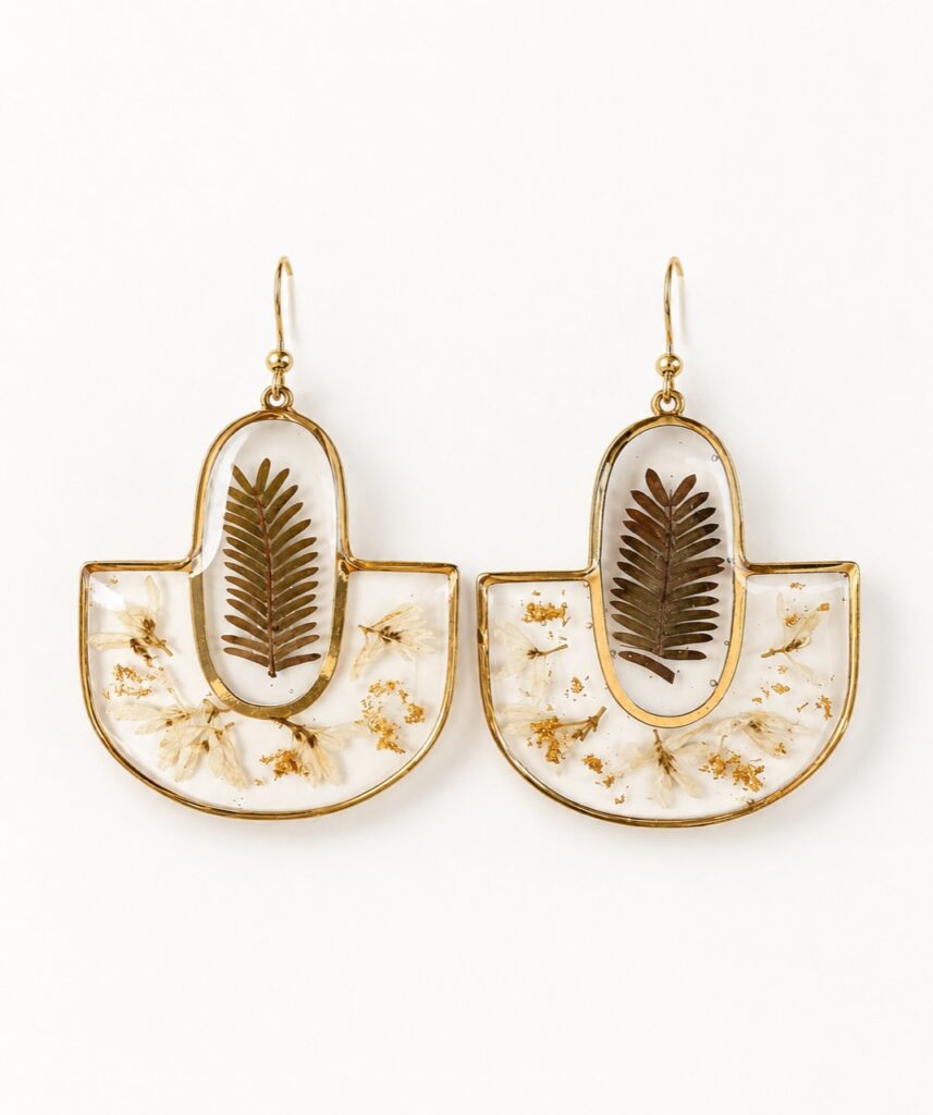 Pair of pressed fern botanical arch drop earrings with ivory flowers
