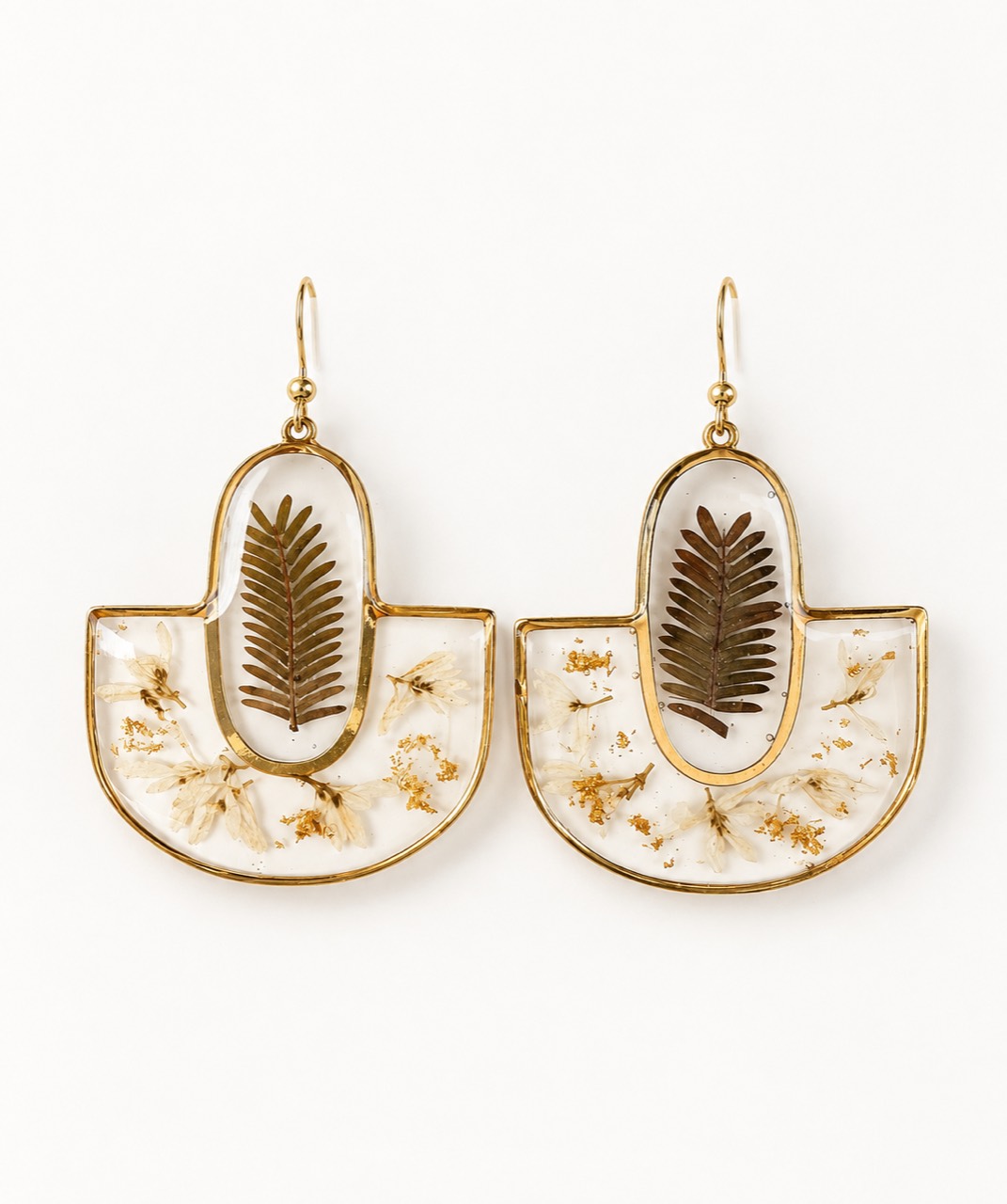 Pair of pressed fern botanical arch drop earrings with ivory flowers