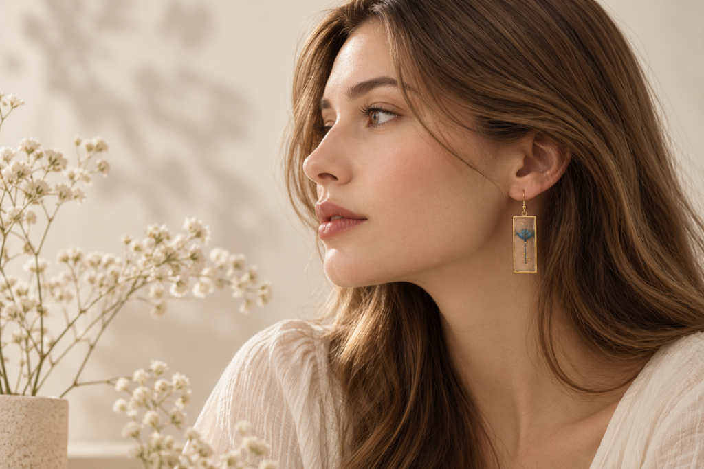 Woman wearing NatureLuxe botanical resin earrings